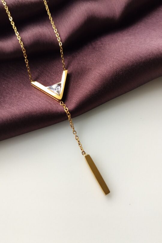 V-Glow Elegant Pendant Necklace front view on display